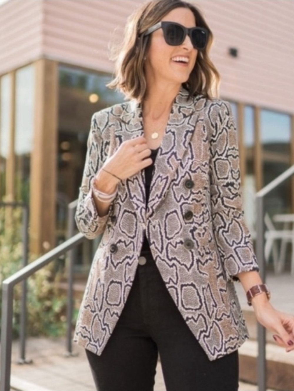 Cabi Women’s Double-Breasted Snake Print Blazer Jacket - Brown/Black